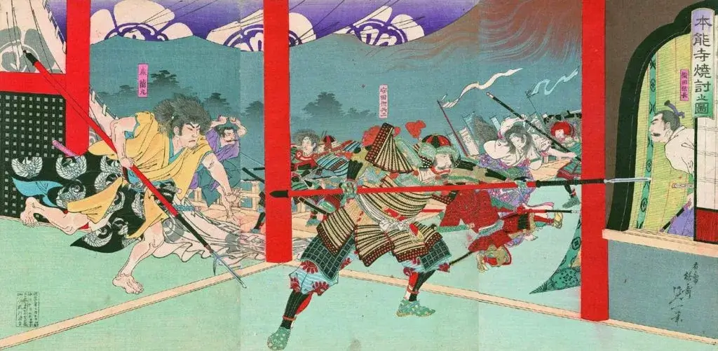 tableau de L’incident du Honno-ji qui entraîna la mort de Nobunaga, Watanabe Nobukazu (1872-1944).