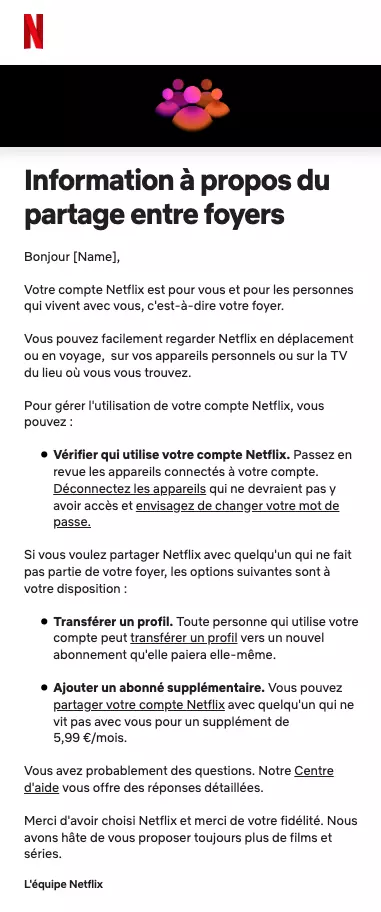 Mail de Netflix information de l'arrêt du partage de compte