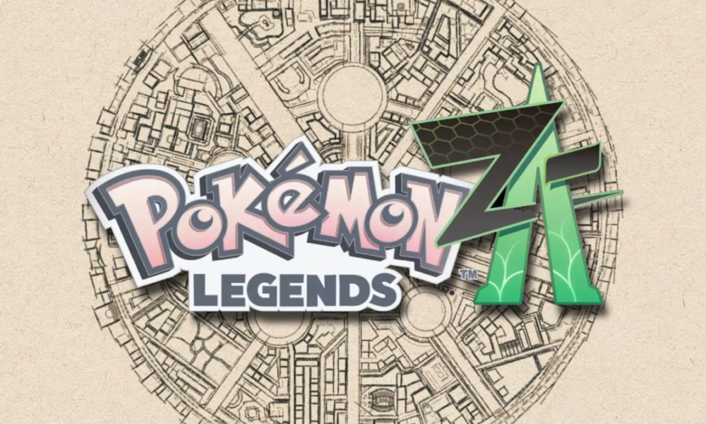 Titre du jeu Légendes Pokémon: Z-A avec un plan de la ville d'Illumis en fond